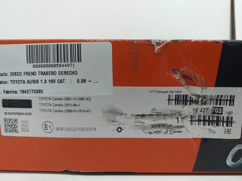 Recambio de disco freno trasero derecho para toyota auris 1.3 16v cat referencia OEM IAM 1642770380  