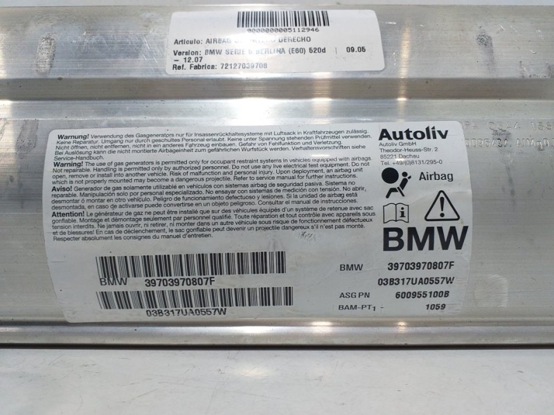 Recambio de airbag delantero derecho para bmw serie 5 berlina (e60) 520d referencia OEM IAM 72127039708 39703970807F 