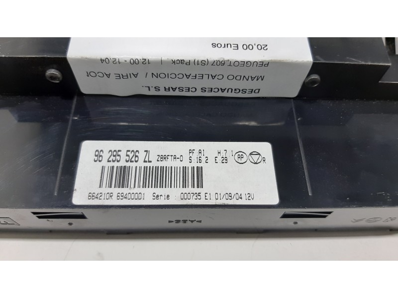 Recambio de mando calefaccion / aire acondicionado para peugeot 607 (s1) pack referencia OEM IAM 96295526ZL  