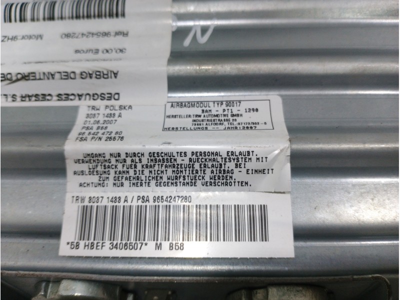 Recambio de airbag delantero derecho para citroën c4 picasso sx referencia OEM IAM 9654247280  