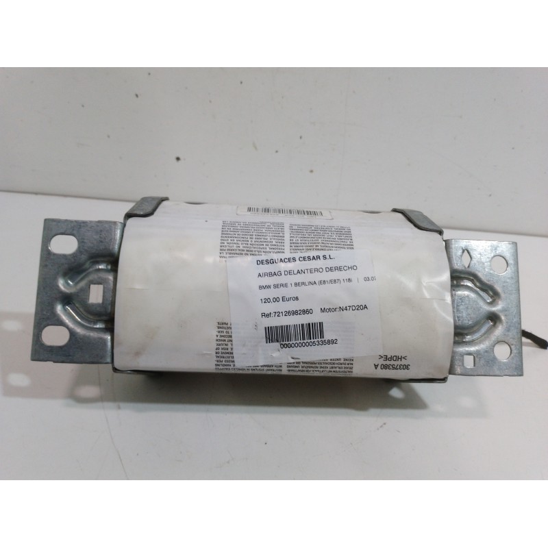 Recambio de airbag delantero derecho para bmw serie 1 berlina (e81/e87) 118i referencia OEM IAM 72126982860  