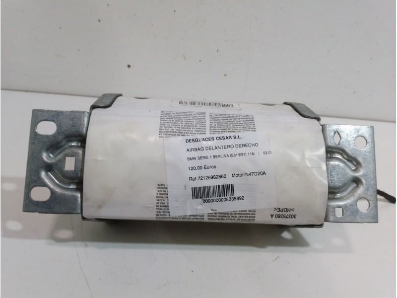 Recambio de airbag delantero derecho para bmw serie 1 berlina (e81/e87) 118i referencia OEM IAM 72126982860  