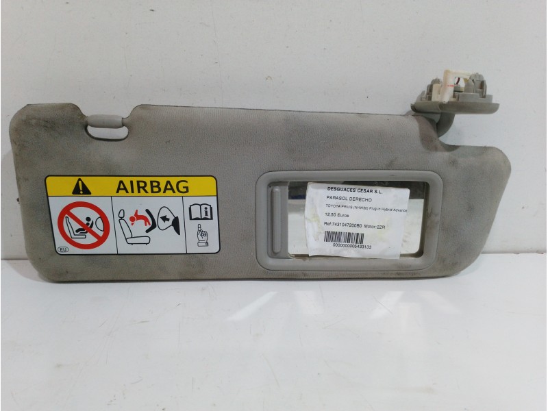 Recambio de parasol derecho para toyota prius (nhw30) plug-in hybrid advance referencia OEM IAM 7431047200B0  