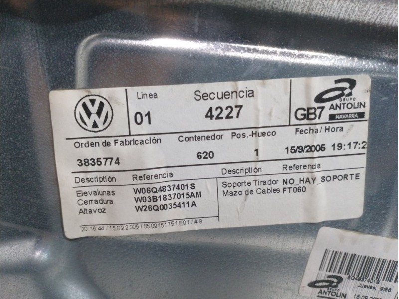 Recambio de elevalunas delantero izquierdo para volkswagen polo (9n3) edition referencia OEM IAM 6Q4837461F  