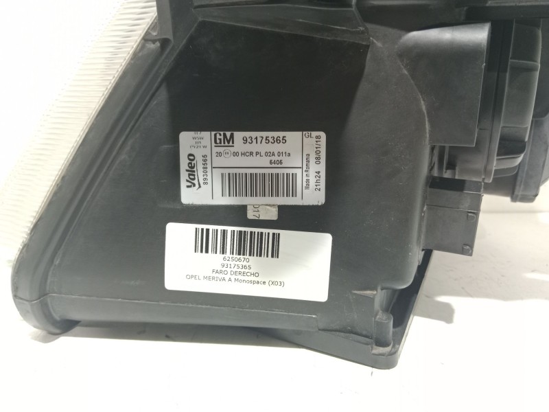 Recambio de faro derecho para opel meriva a monospace (x03) 1.3 cdti (e75) referencia OEM IAM 93175365  