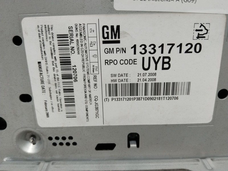 Recambio de sistema audio / radio cd para opel insignia a (g09) 1.8 (68) referencia OEM IAM   