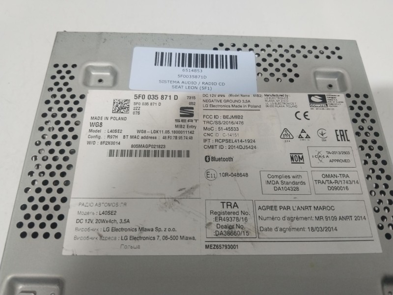 Recambio de sistema audio / radio cd para seat leon (5f1) 1.4 tgi referencia OEM IAM 5F0035871D 805MAGP021823 
