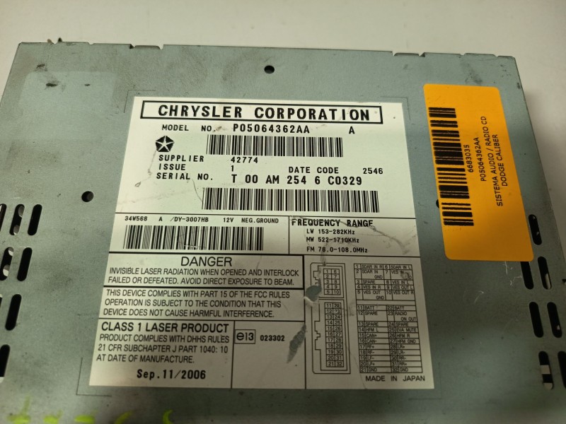 Recambio de sistema audio / radio cd para dodge caliber 2.0 crd referencia OEM IAM P05064362AA  