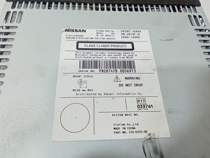 Recambio de sistema audio / radio cd para nissan qashqai i (j10, nj10) 2.0 referencia OEM IAM 28185JG44A  